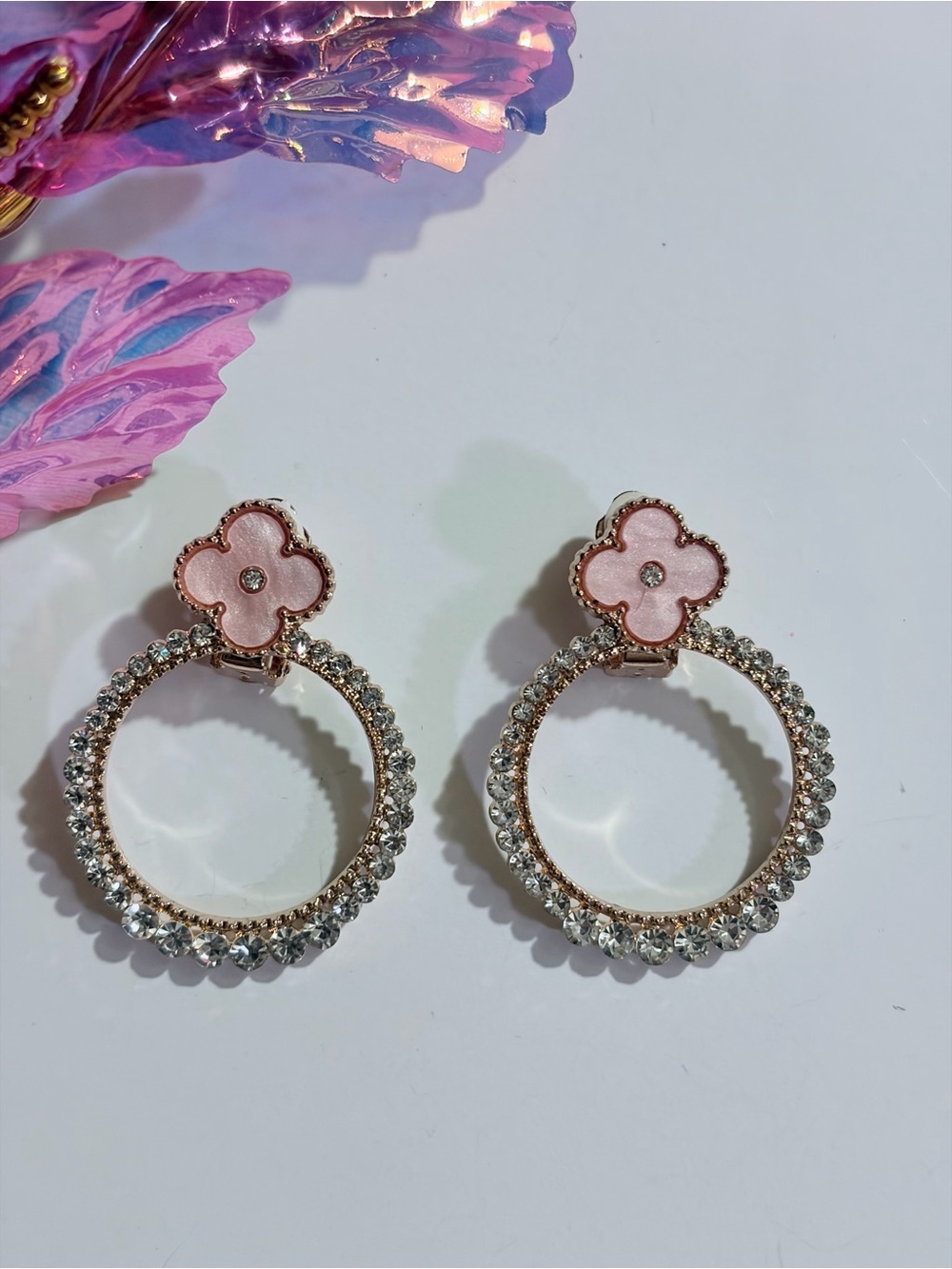 Pink Flower & Crystal Hoop Earrings - Women Jewelry